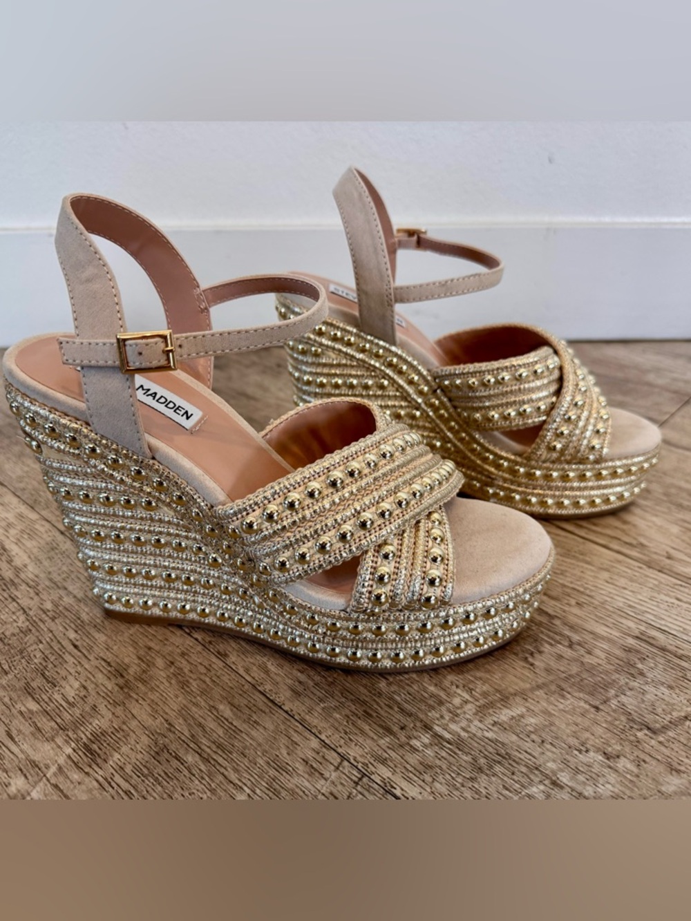 Steve Madden Gold Beaded & Braided Wedge Sandals
